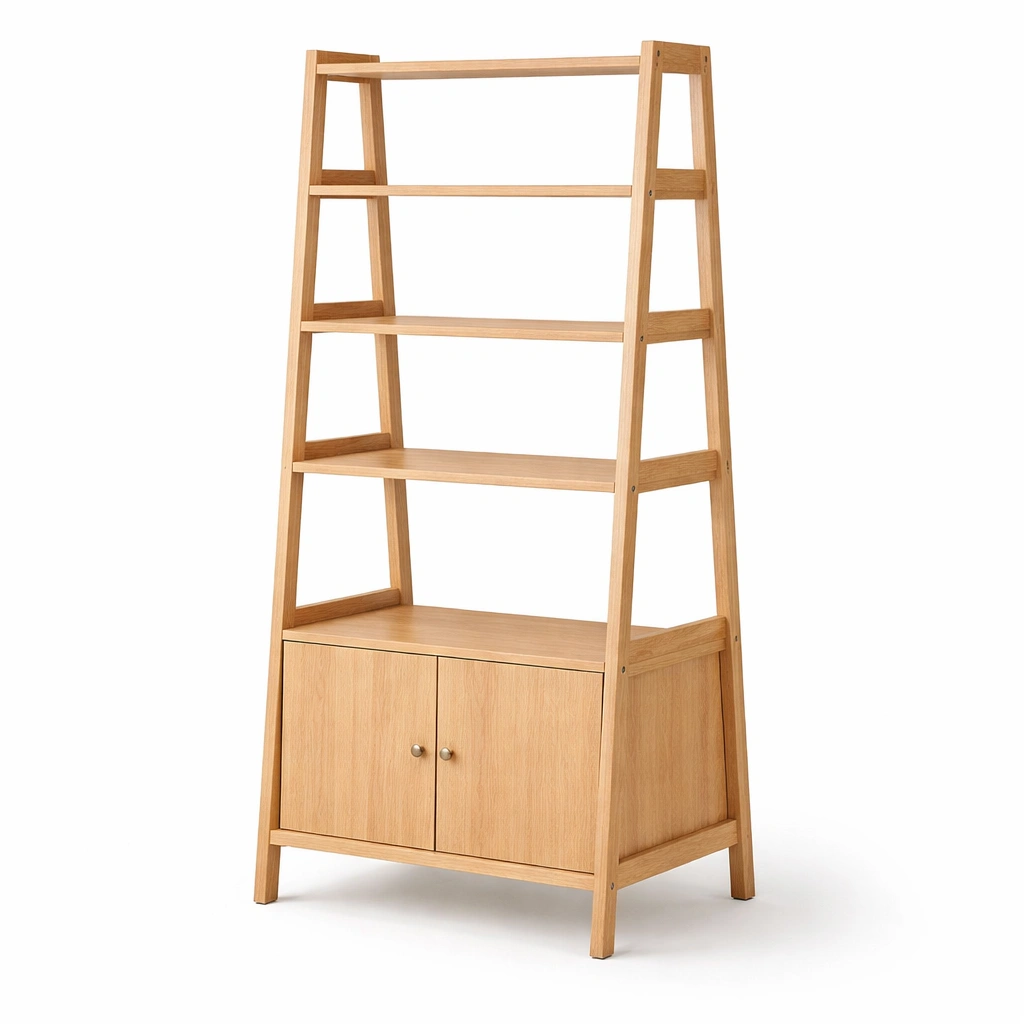 Estanteria de madera con diseno inclinado y armario inferior cerrado-cozanoe